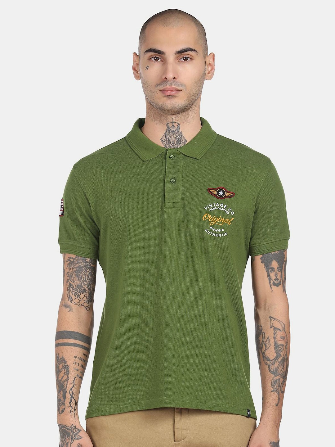 

Ruggers Men Green Polo Collar Applique T-shirt