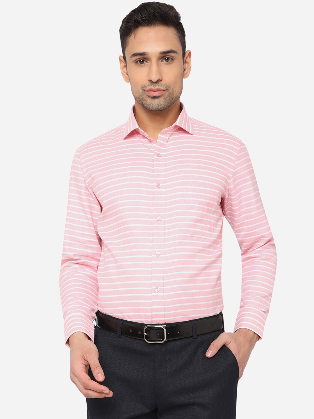 

Greenfibre Men Pink Slim Fit Horizontal Striped Formal Shirt