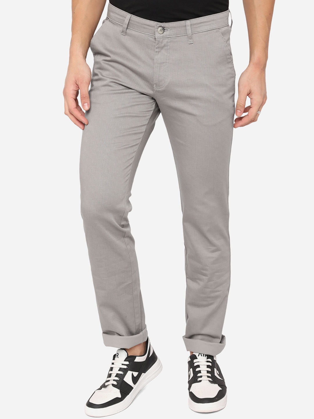 

Greenfibre Men Grey Textured Slim Fit Trousers