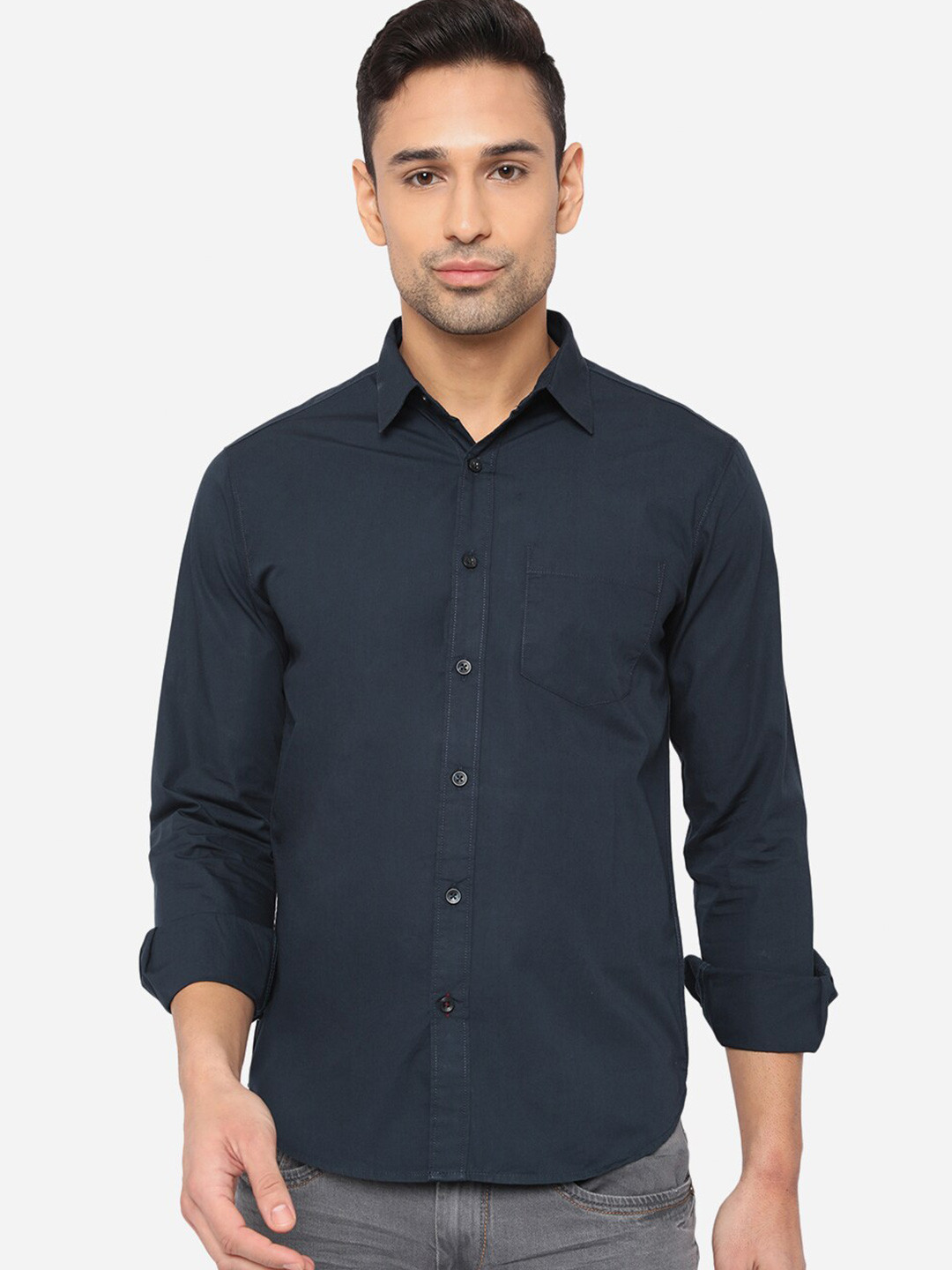 

Greenfibre Men Navy Blue Cotton Slim Fit Casual Shirt