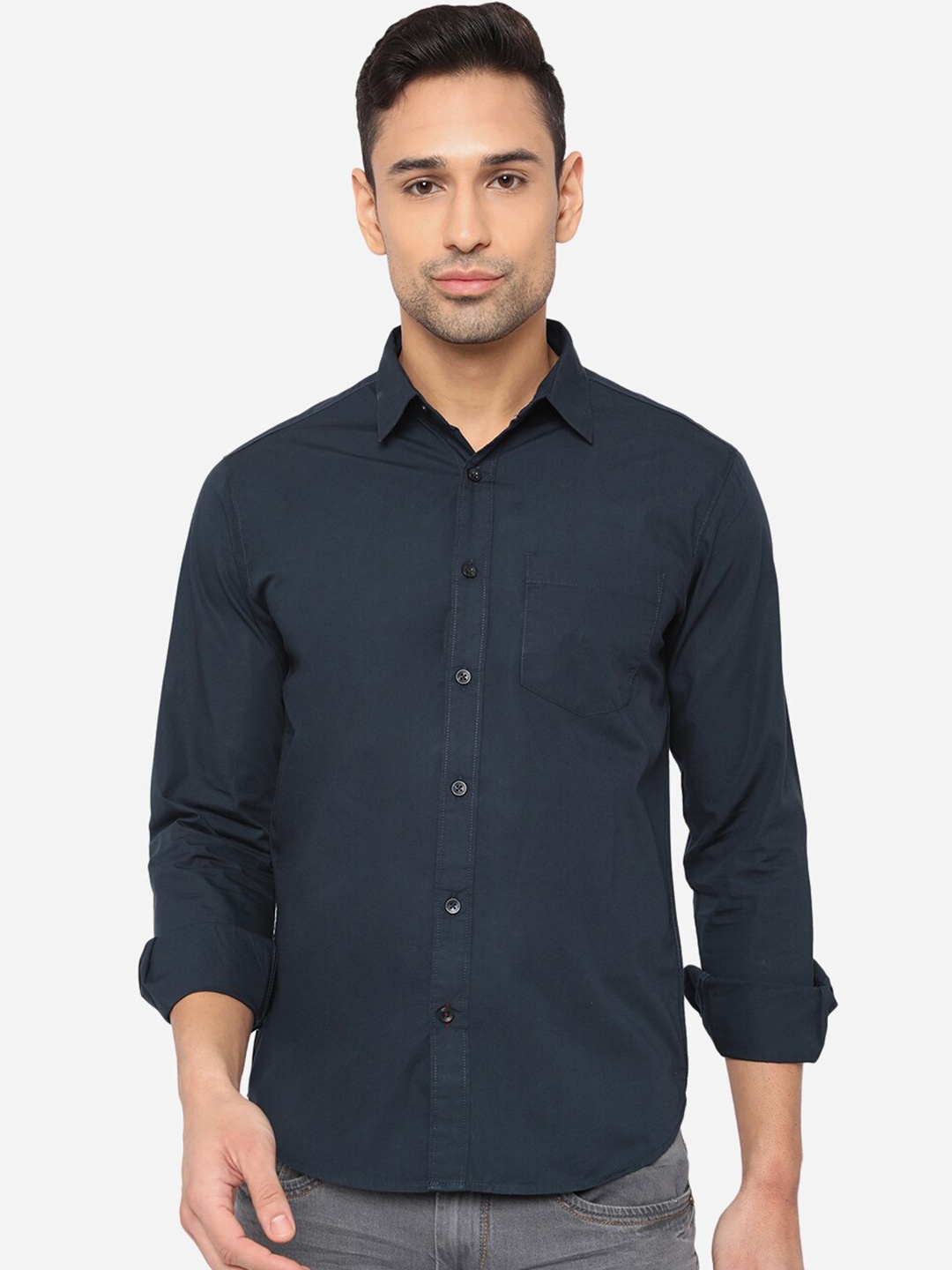 

Greenfibre Men Navy Blue Cotton Slim Fit Casual Shirt