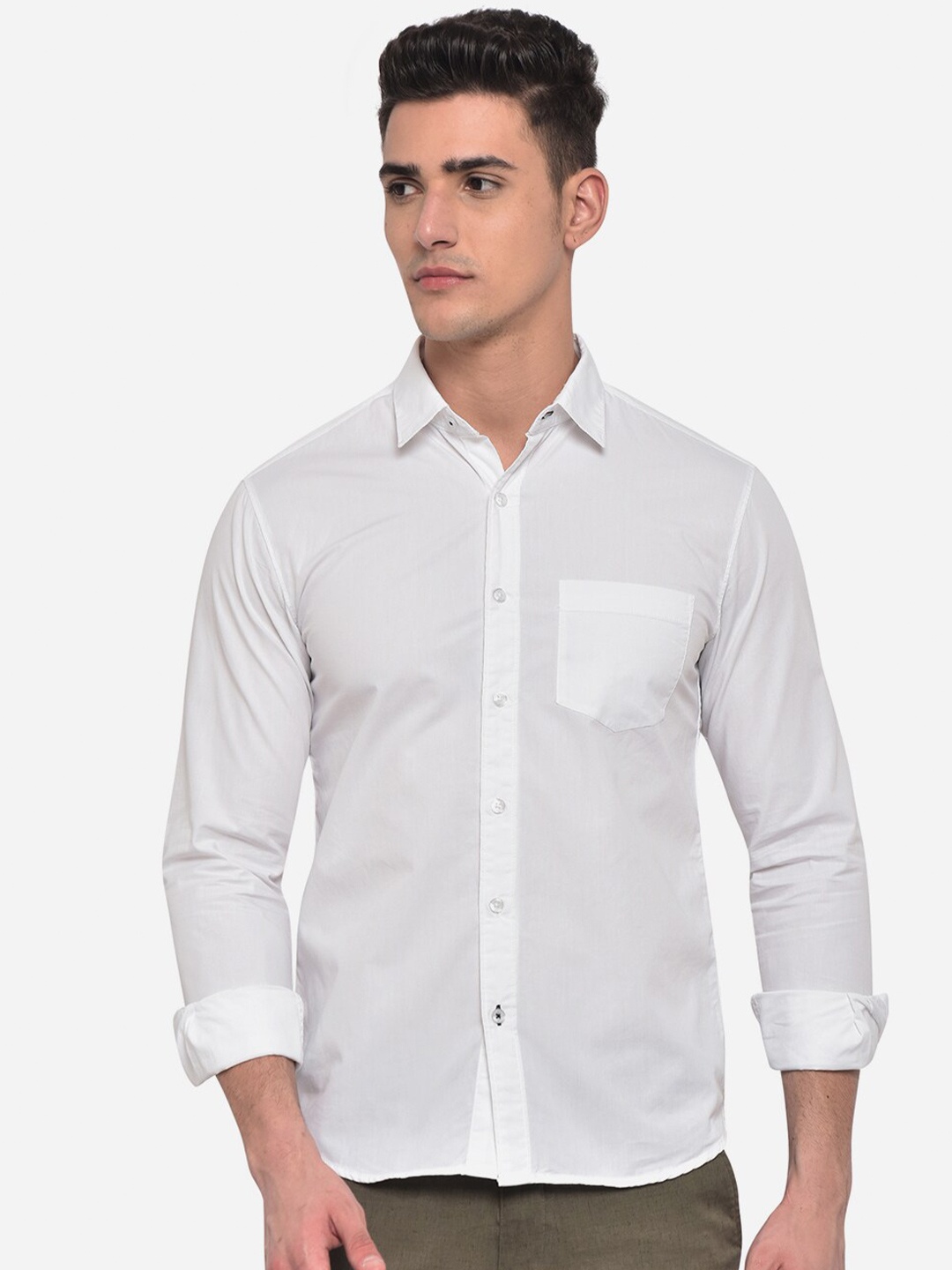 

Greenfibre Men White Slim Fit Solid Opaque Cotton Semi-Casual Shirt with Chest Pocket