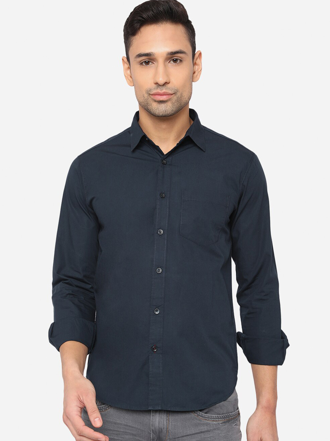 

Greenfibre Men Navy Blue Cotton Slim Fit Casual Shirt