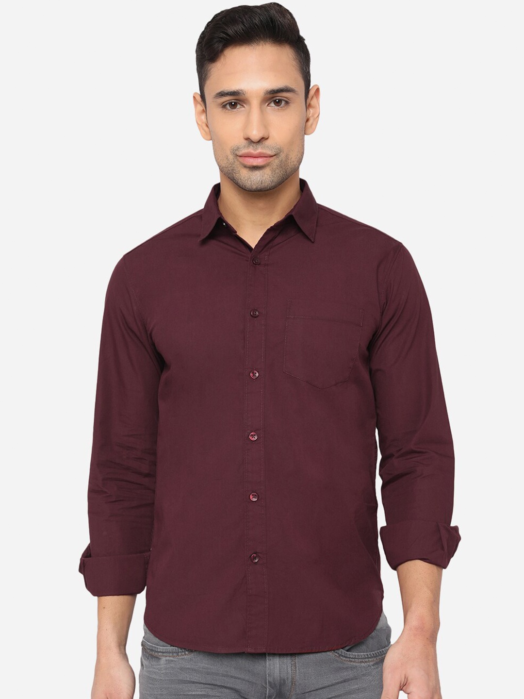 

Greenfibre Men Maroon Cotton Slim Fit Casual Shirt