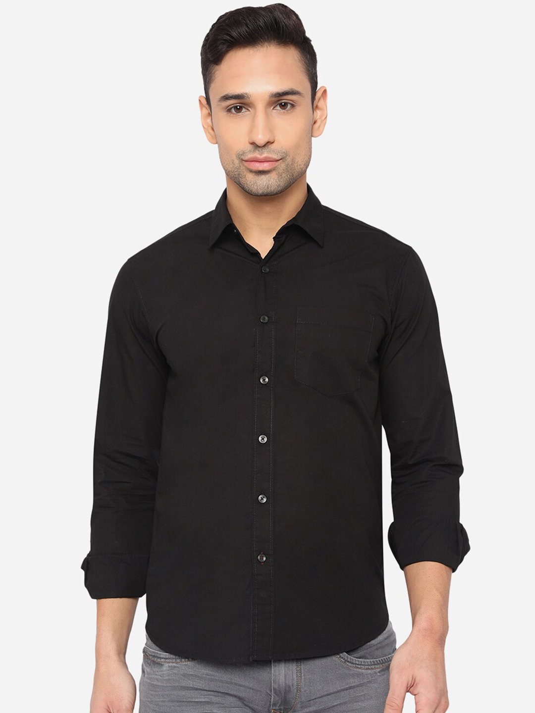 

Greenfibre Men Black Solid Pure Cotton Slim Fit Casual Shirt