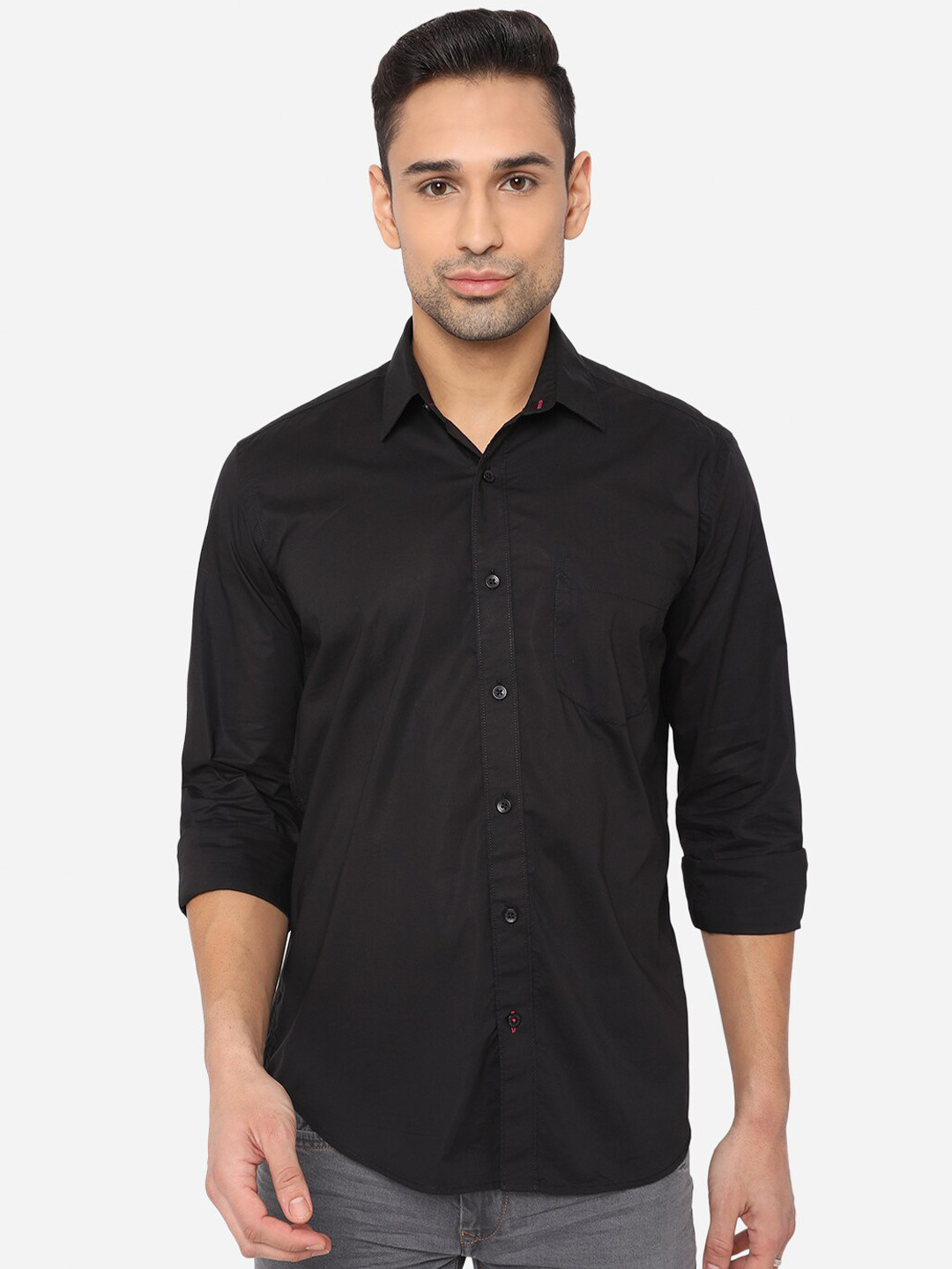 

Greenfibre Men Jet Black Slim Fit Solid Opaque Cotton Casual Shirt with Chest Pocket