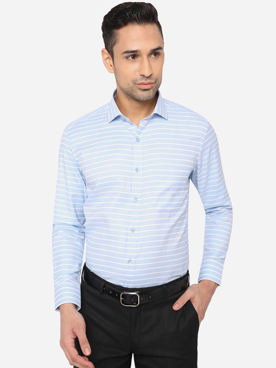 

Greenfibre Men Blue & White Slim Fit Horizontal Striped Formal Shirt