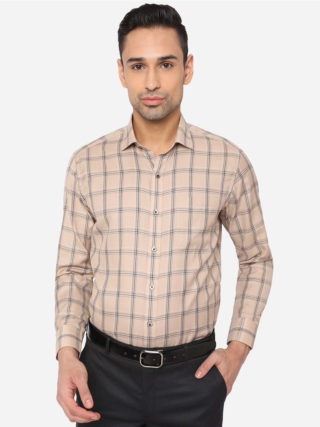 

Greenfibre Men Beige Slim Fit Checked Formal Shirt