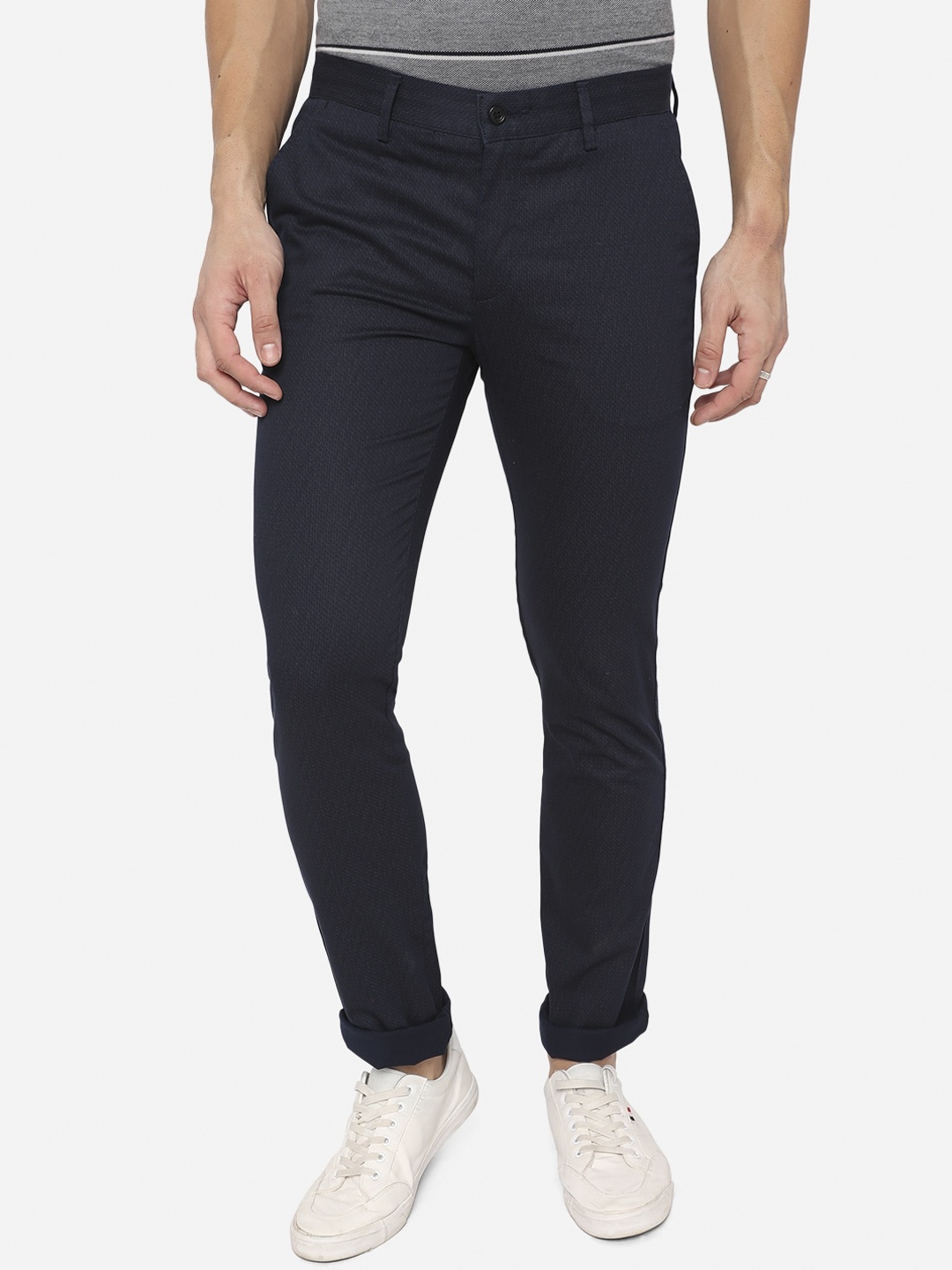 

Greenfibre Men Navy Blue Textured Slim Fit Pure Cotton Trousers