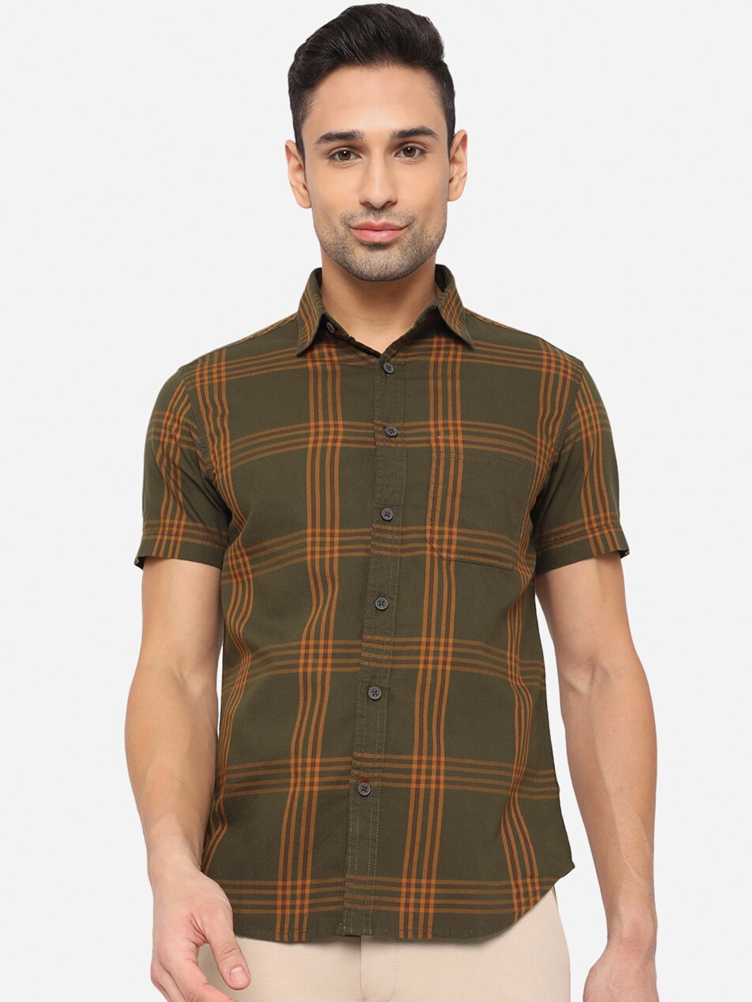 

Greenfibre Men Green Cotton Slim Fit Tartan Checked Casual Shirt, Olive