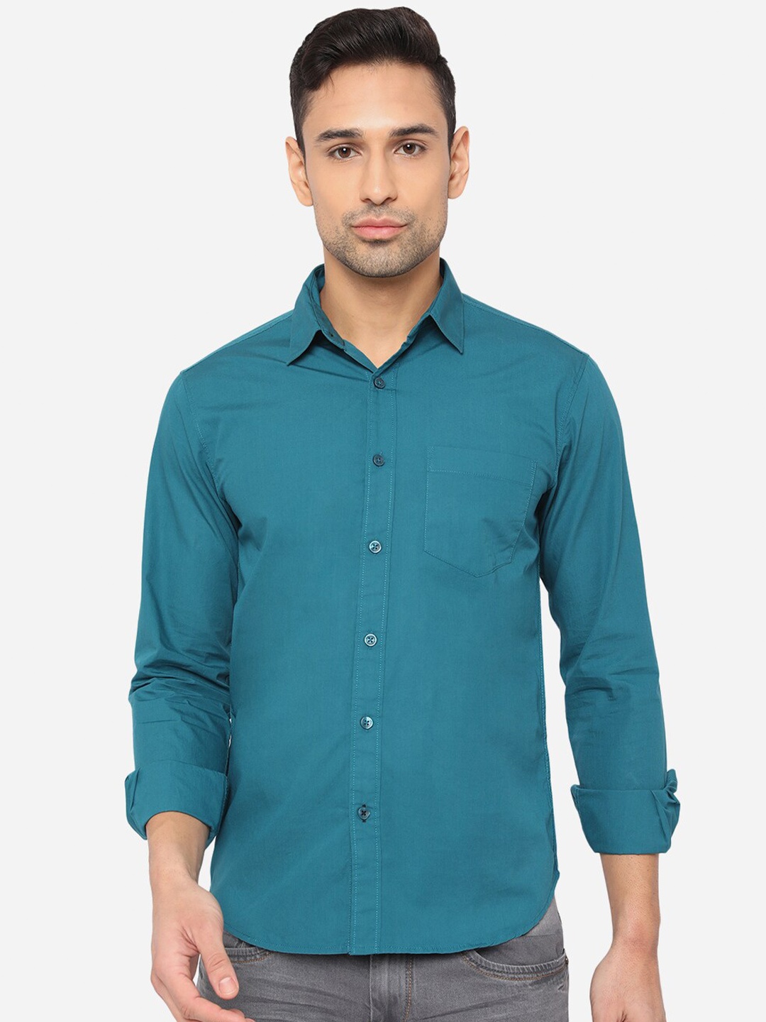 

Greenfibre Men Teal Blue Pure Cotton Slim Fit Casual Shirt