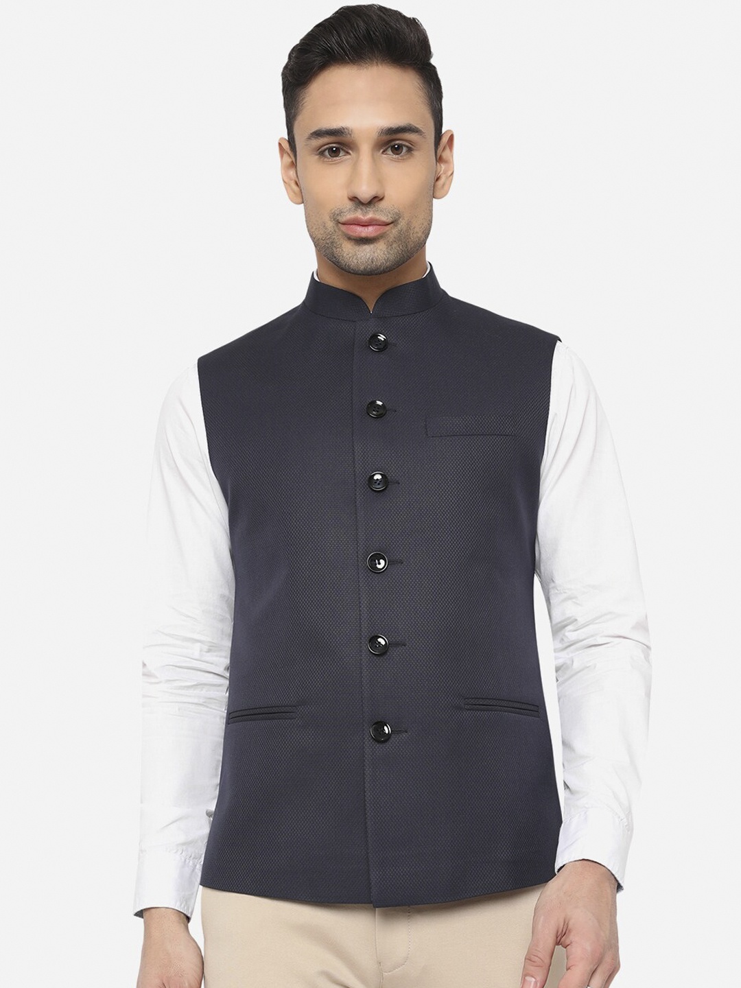 

Greenfibre Men Navy Blue Solid Terry Wool Regular Fit Waistcoat