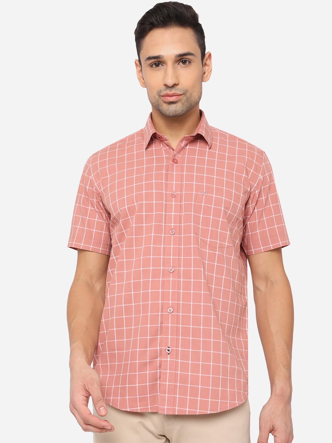 

Greenfibre Men Pink & White Smart Slim Fit Windowpane Checked Cotton Casual Shirt