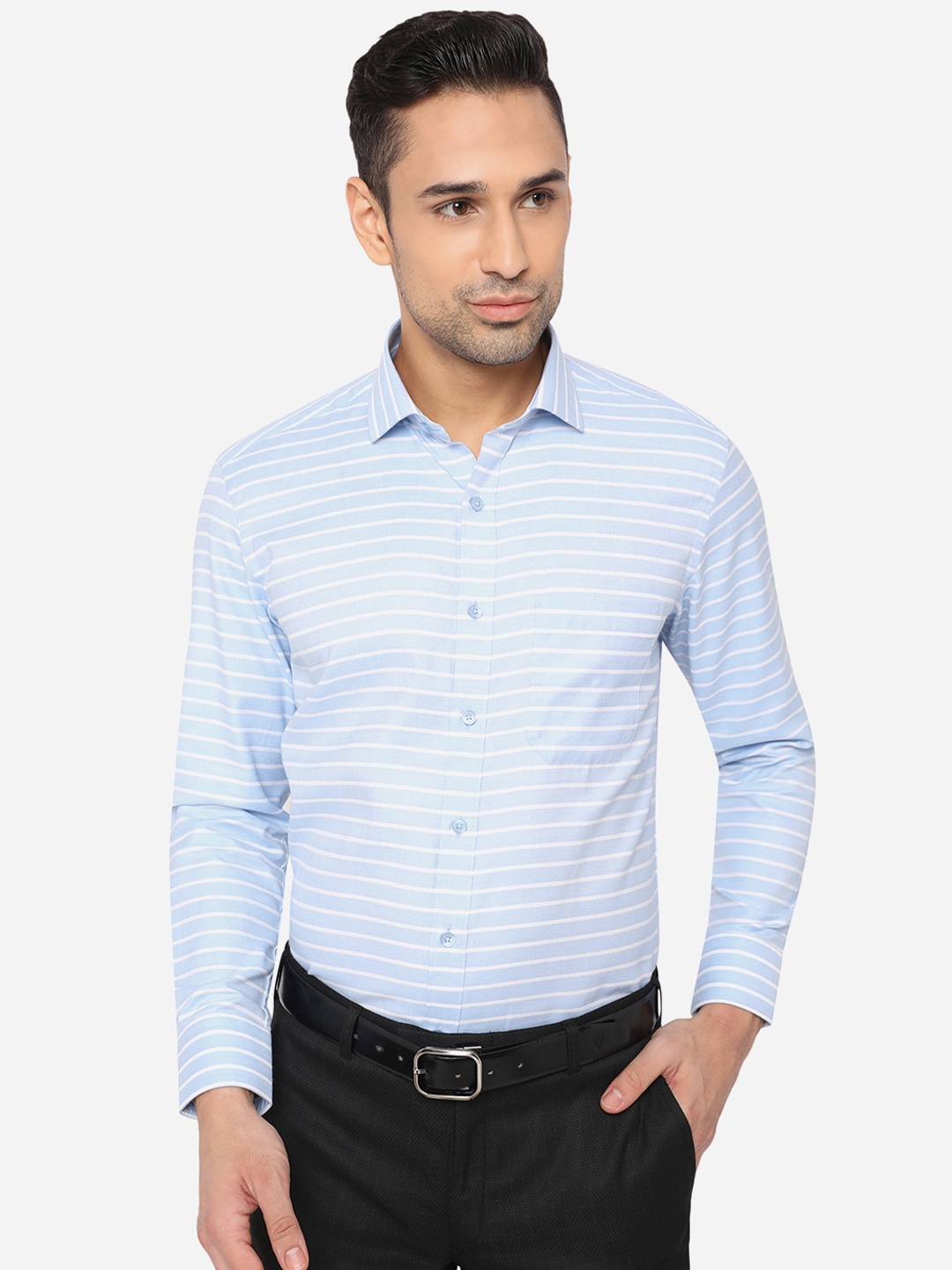 

Greenfibre Men Blue & White Slim Fit Horizontal Striped Formal Shirt