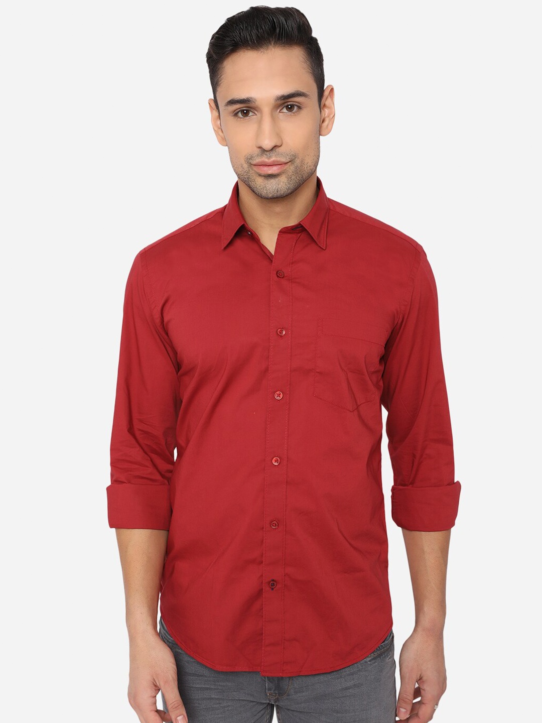 

Greenfibre Men Solid Smart Slim Fit Cotton Casual Shirt, Red