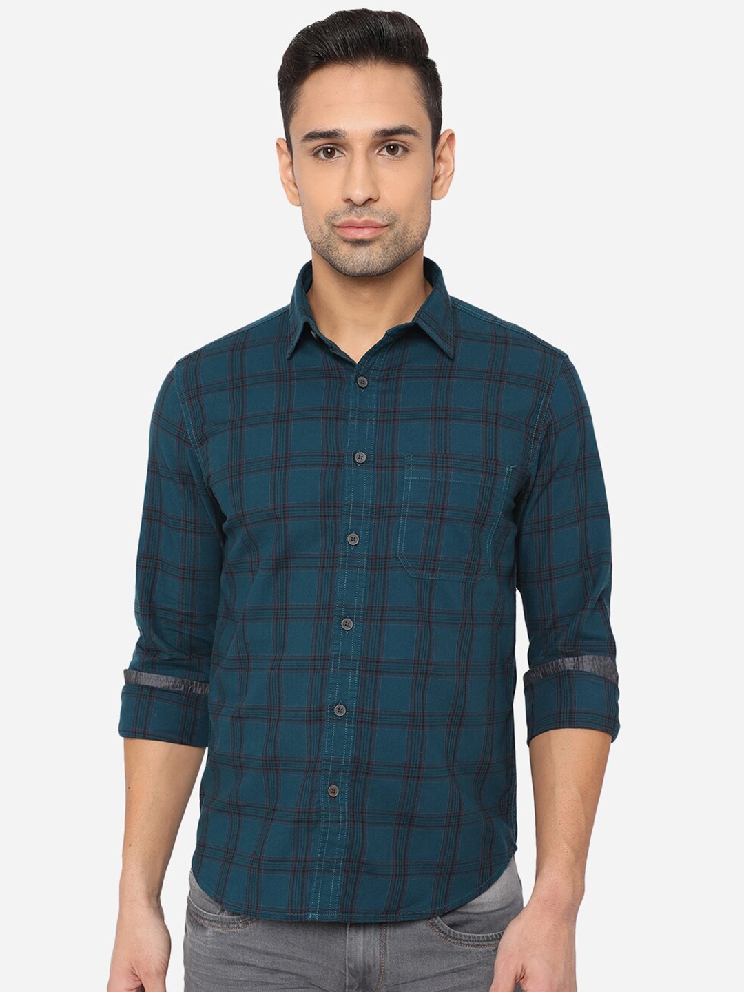 

Greenfibre Men Blue Slim Fit Cotton Checked Casual Shirt