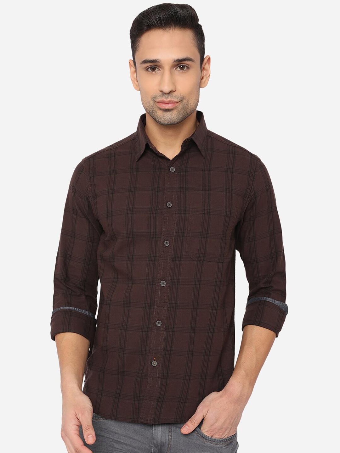 

Greenfibre Men Brown Slim Fit Tartan Checked Cotton Casual Shirt