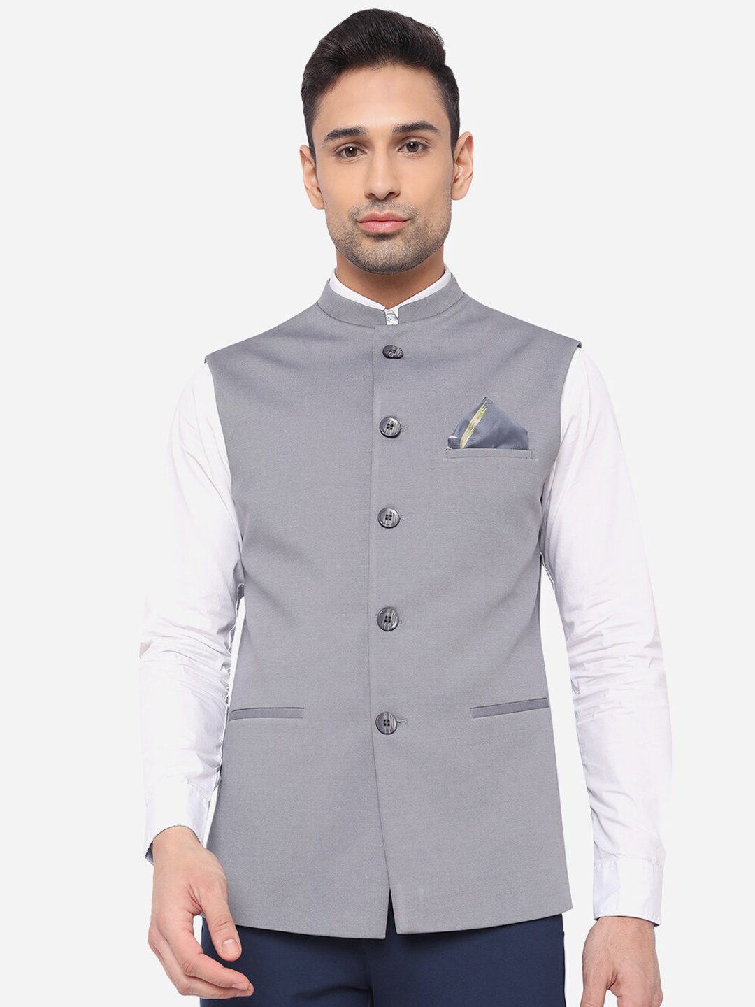 

Greenfibre Men Grey Terry Wool Regular Fit Nehru Jacket