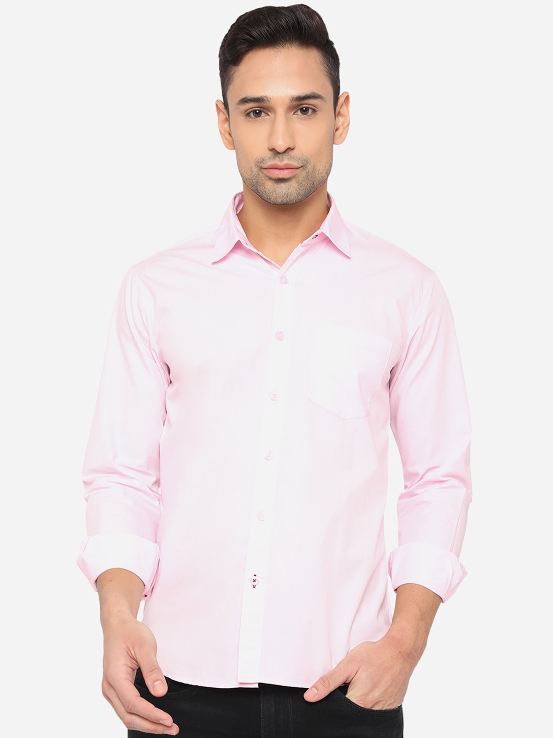 

Greenfibre Men Slim Fit Opaque Cotton Semi-Casual Shirt with Pocket, Pink