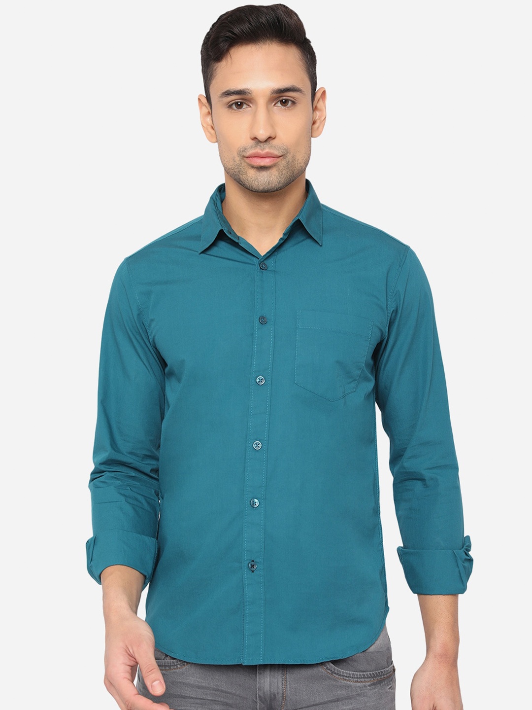 

Greenfibre Men Blue Cotton Slim Fit Casual Shirt, Teal