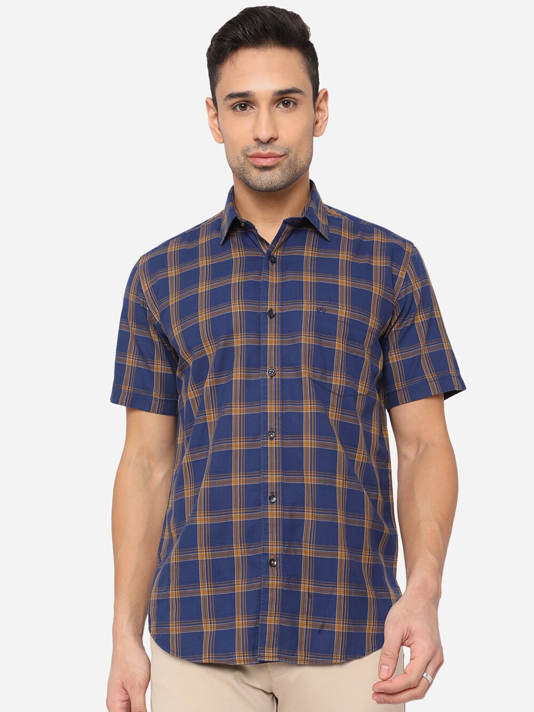 

JADE BLUE Men Navy Blue & Orange Slim Fit Tartan Checked Cotton Casual Shirt