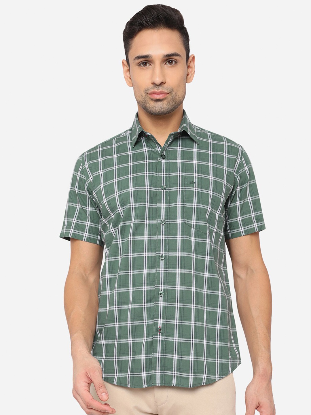 

JADE BLUE Men Green Slim Fit Checked Pure Cotton Casual Shirt