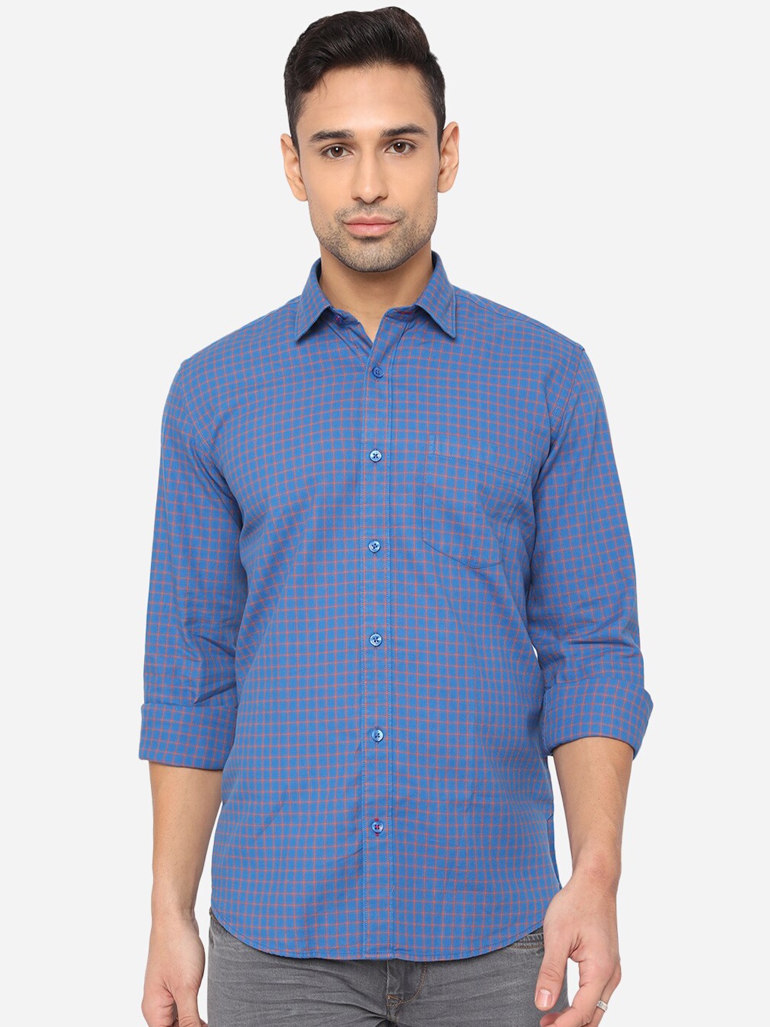 

JADE BLUE Men Slim Fit Grid Checks Cotton Casual Shirt with Pocket