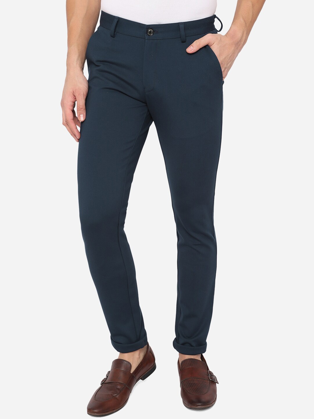 

JADE BLUE Men Blue Slim Fit Pure Cotton Trousers