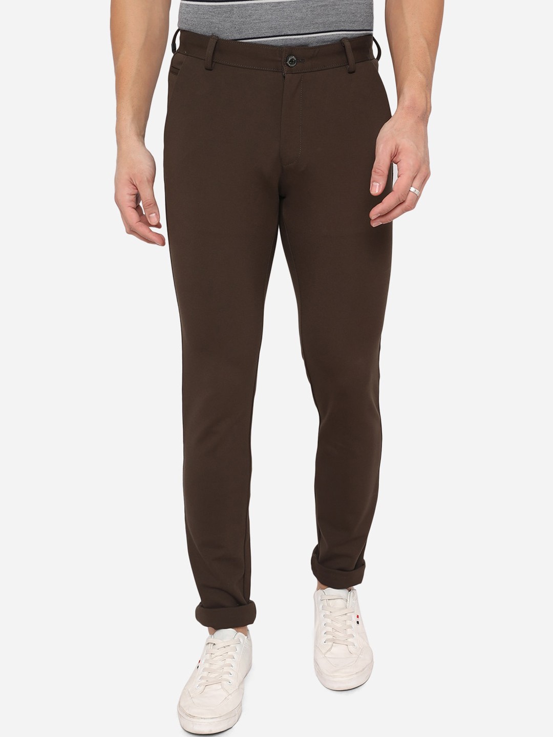 

JADE BLUE Men Brown Slim Fit Pure Cotton Trousers, Coffee brown