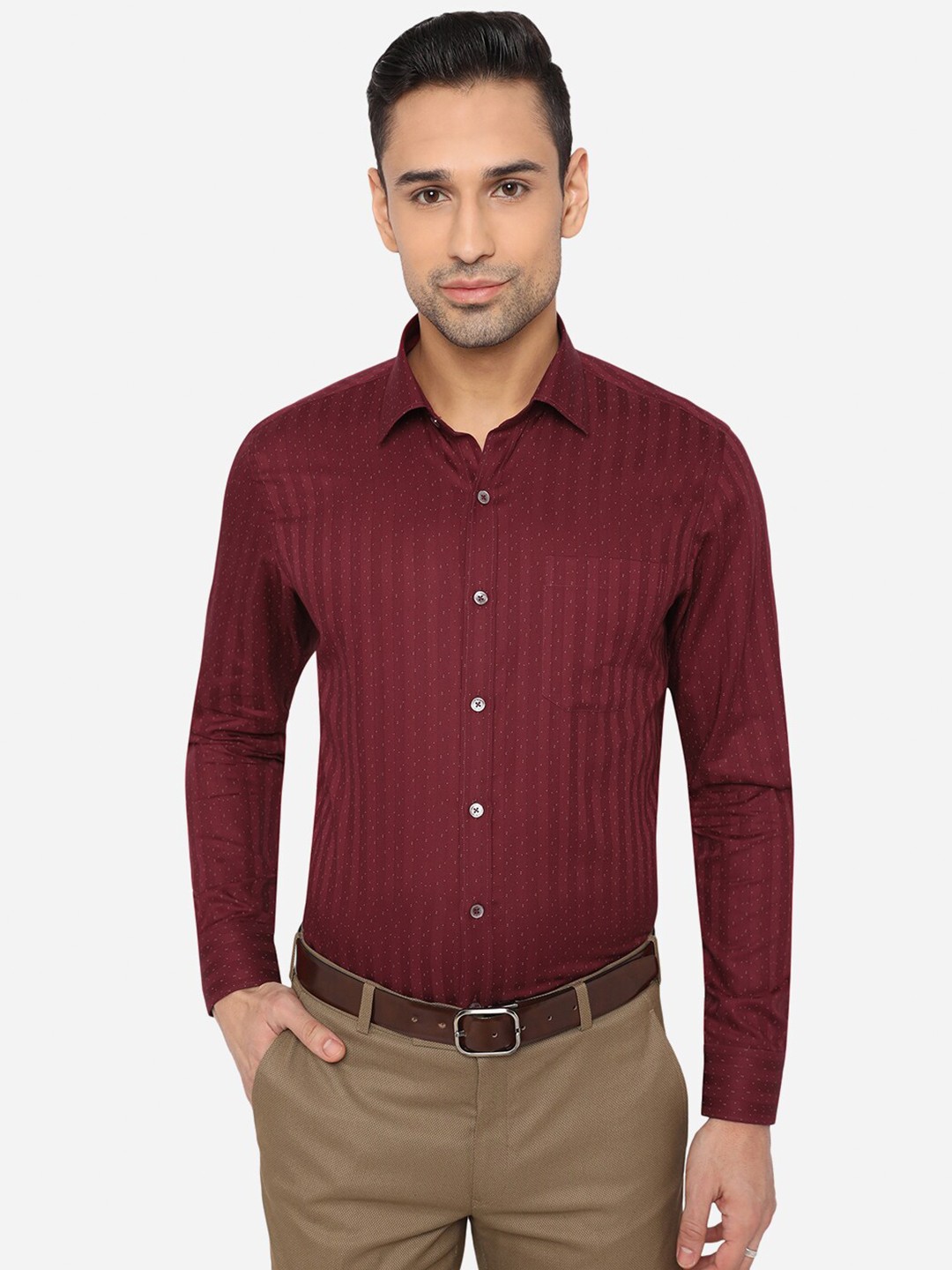 

JADE BLUE Men Maroon Slim Fit Micro Ditsy Opaque Printed & Striped Cotton Formal Shirt