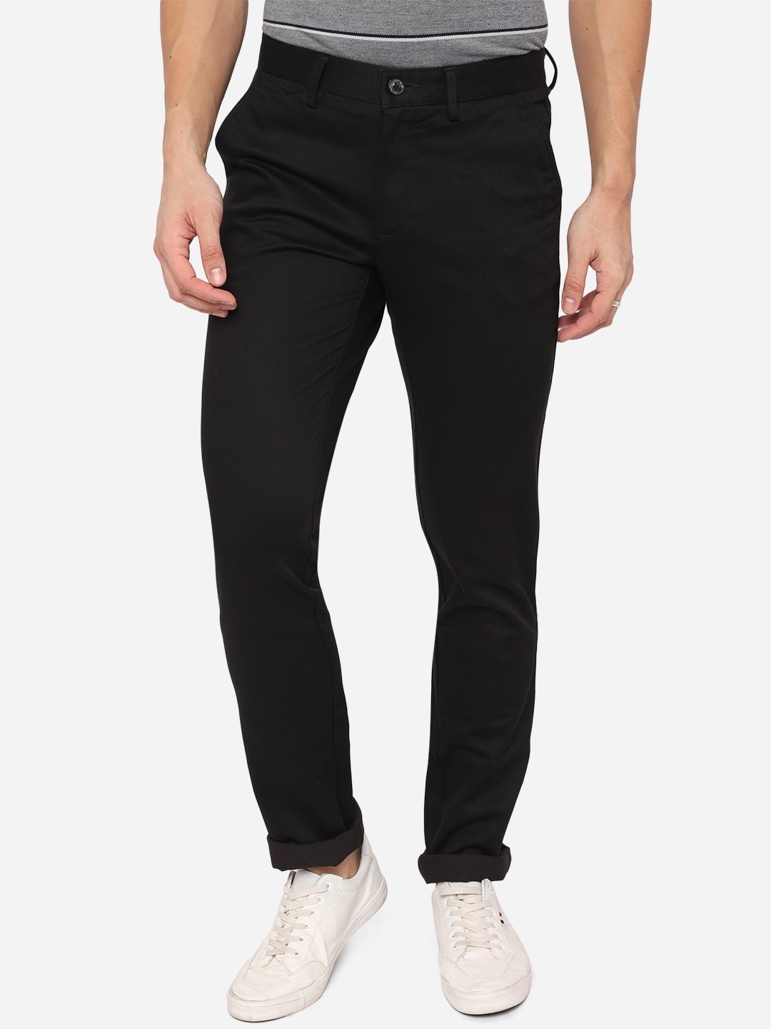 

JADE BLUE Men Black Slim Fit Pure Cotton Trousers