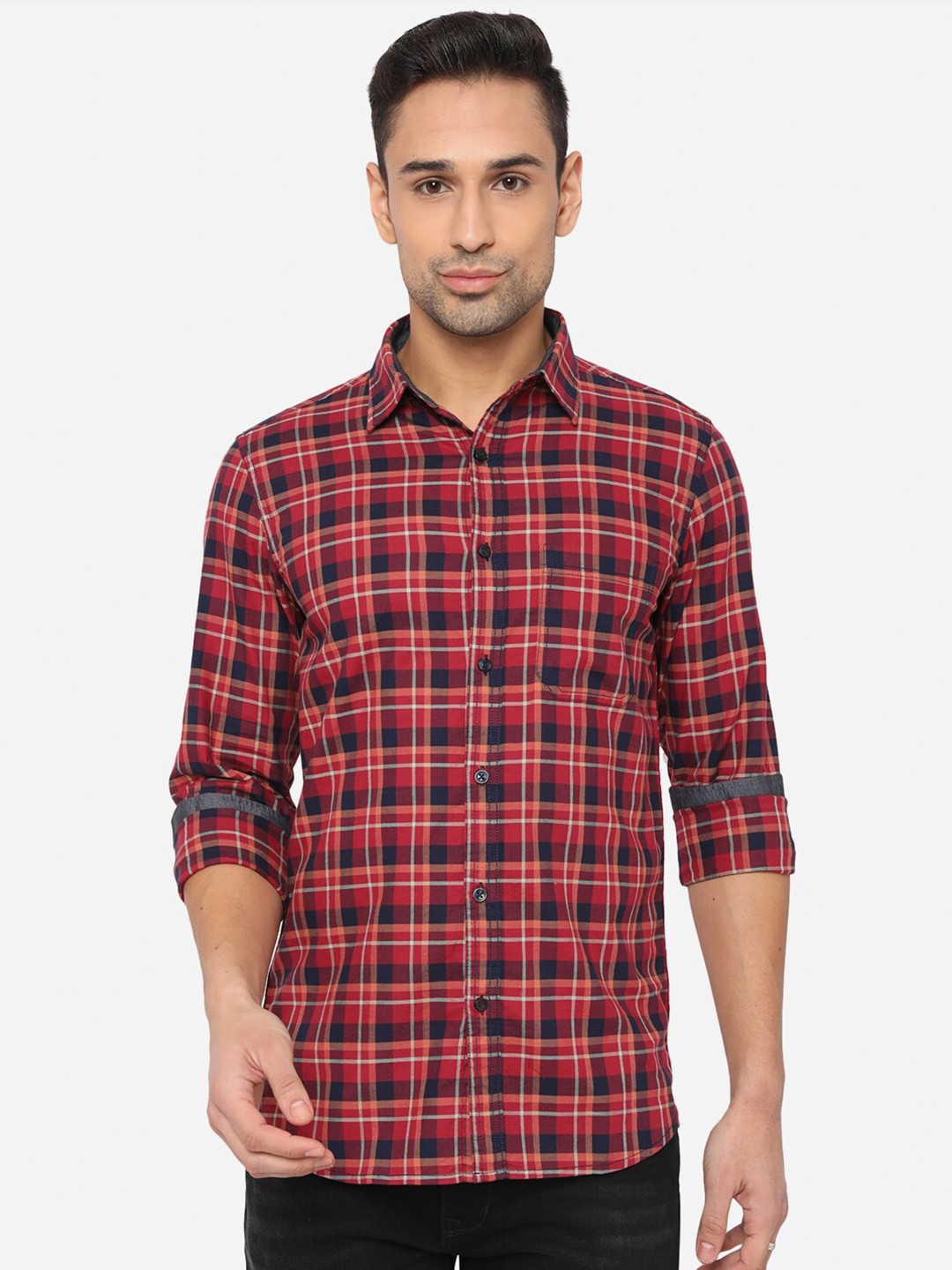 

JADE BLUE Men Red & Navy Blue Slim Fit Tartan Checked Cotton Casual Shirt