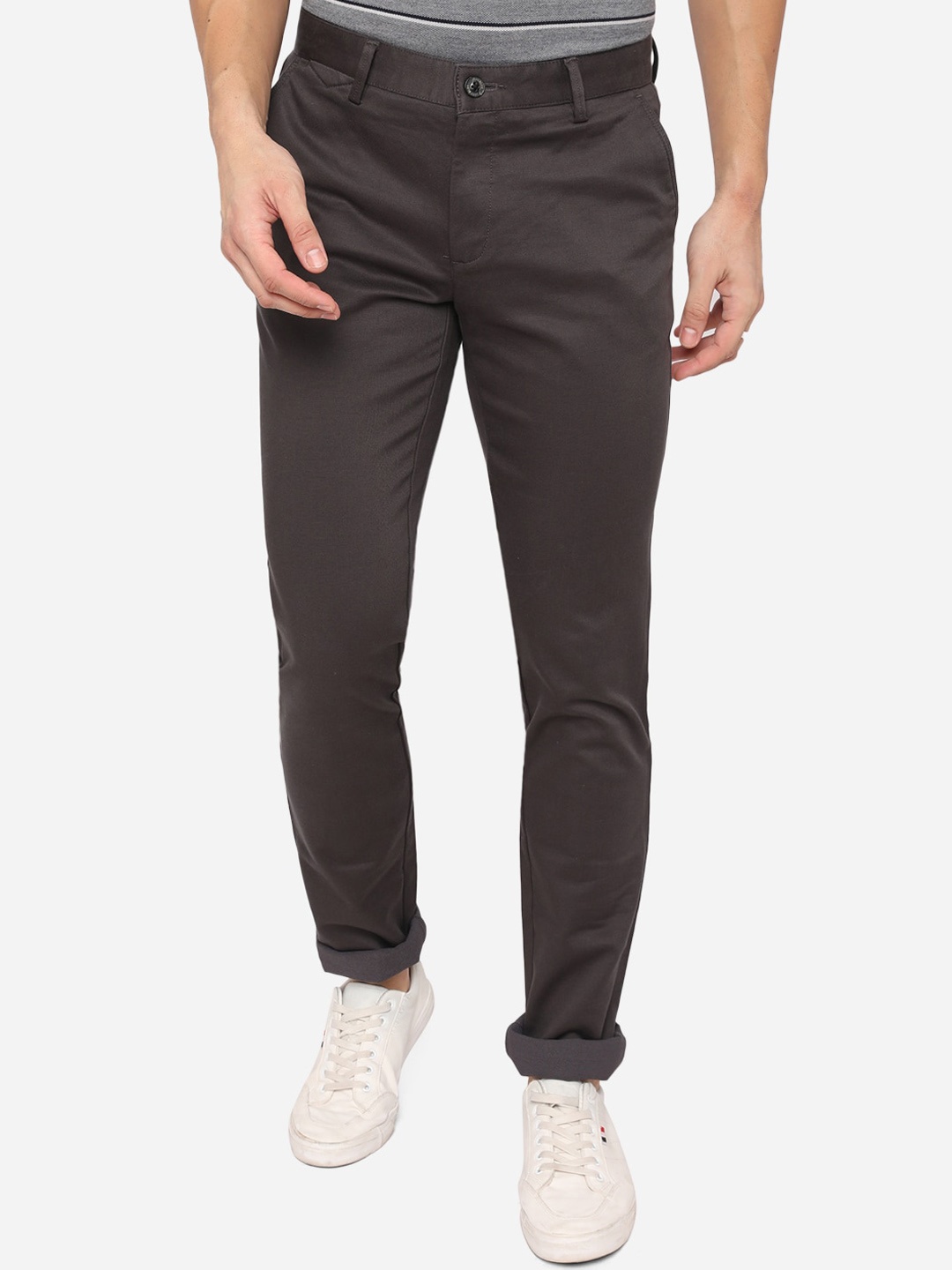 

JADE BLUE Men Grey Slim Fit Pure Cotton Trousers