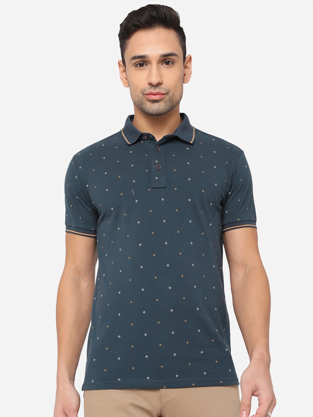 

JADE BLUE Men Blue & White Printed Polo Collar Pure Cotton Slim Fit T-shirt