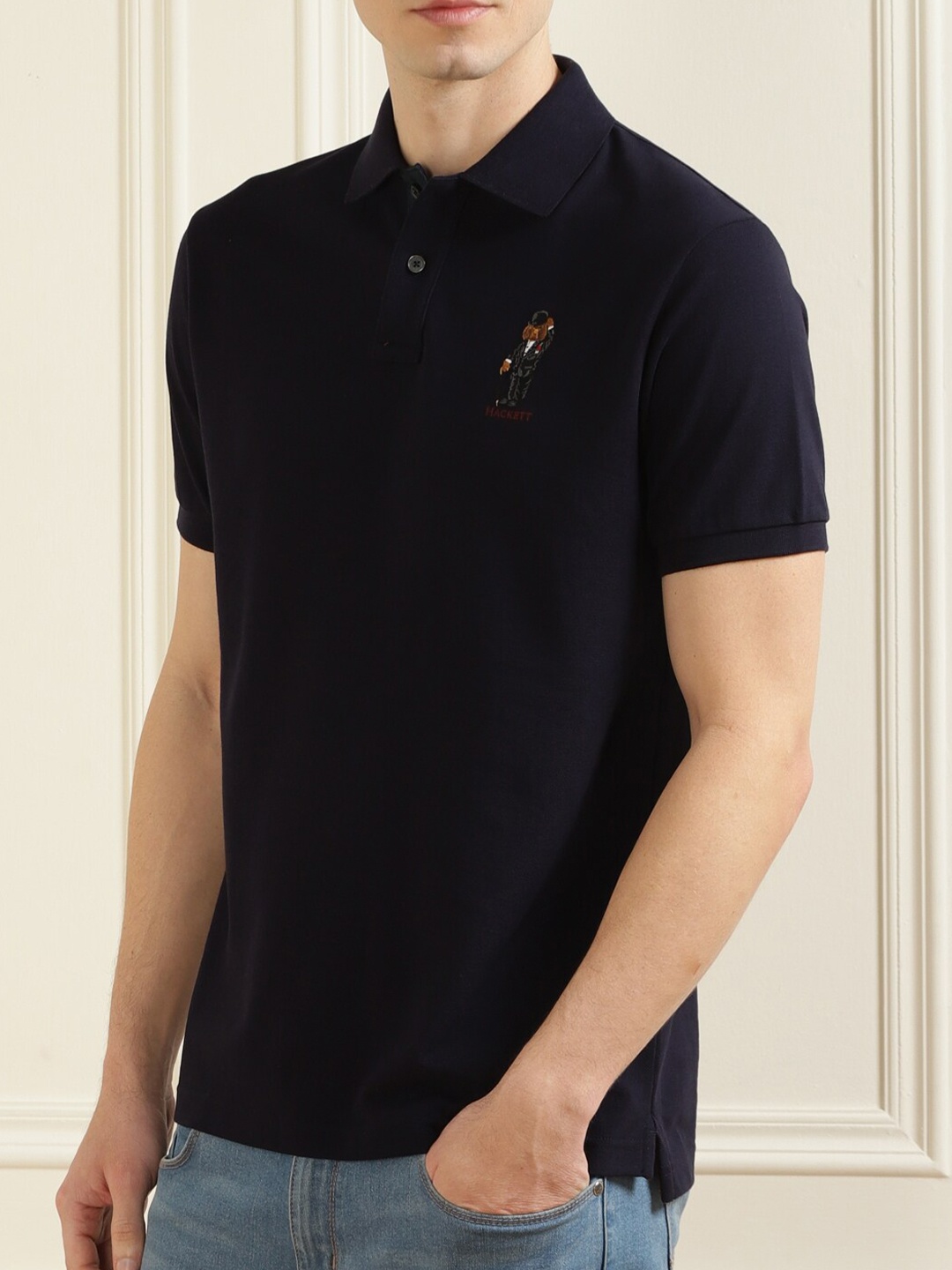 

HACKETT LONDON Men Navy Blue Brand Logo Embroidered Polo Collar Pure Cotton T-shirt