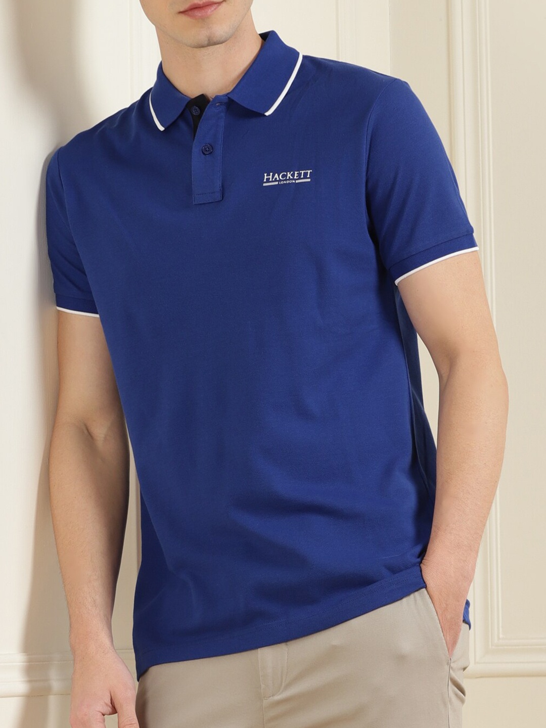 

HACKETT LONDON Men Blue Brand Logo Polo Collar Pure Cotton T-shirt