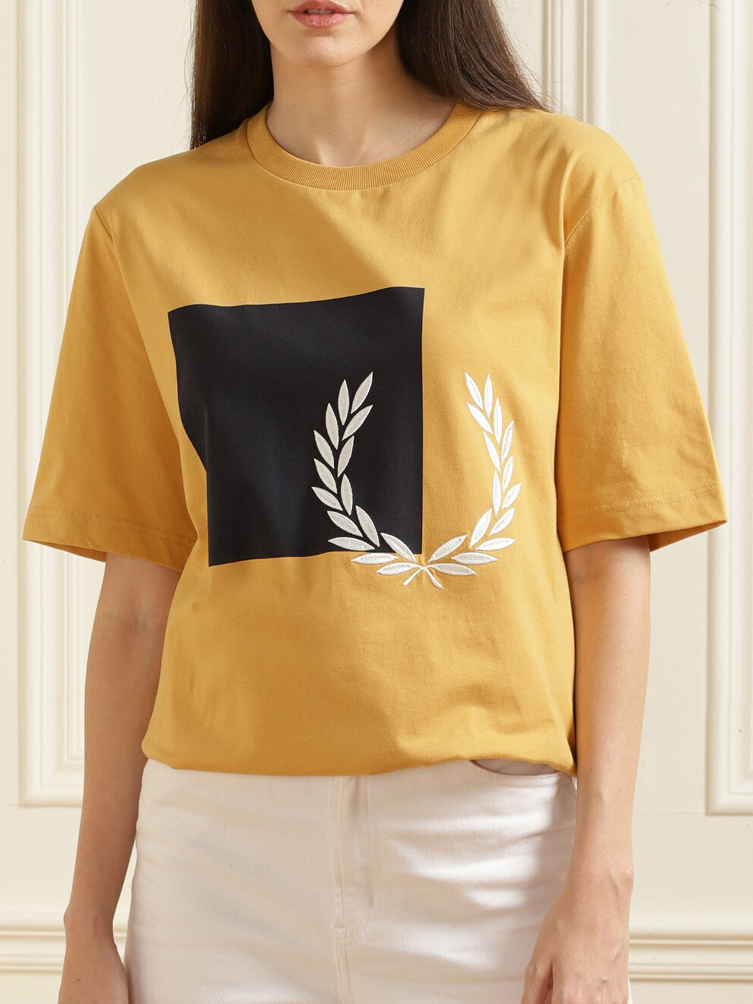 

Fred Perry Women Yellow & Black Printed Box T-shirt