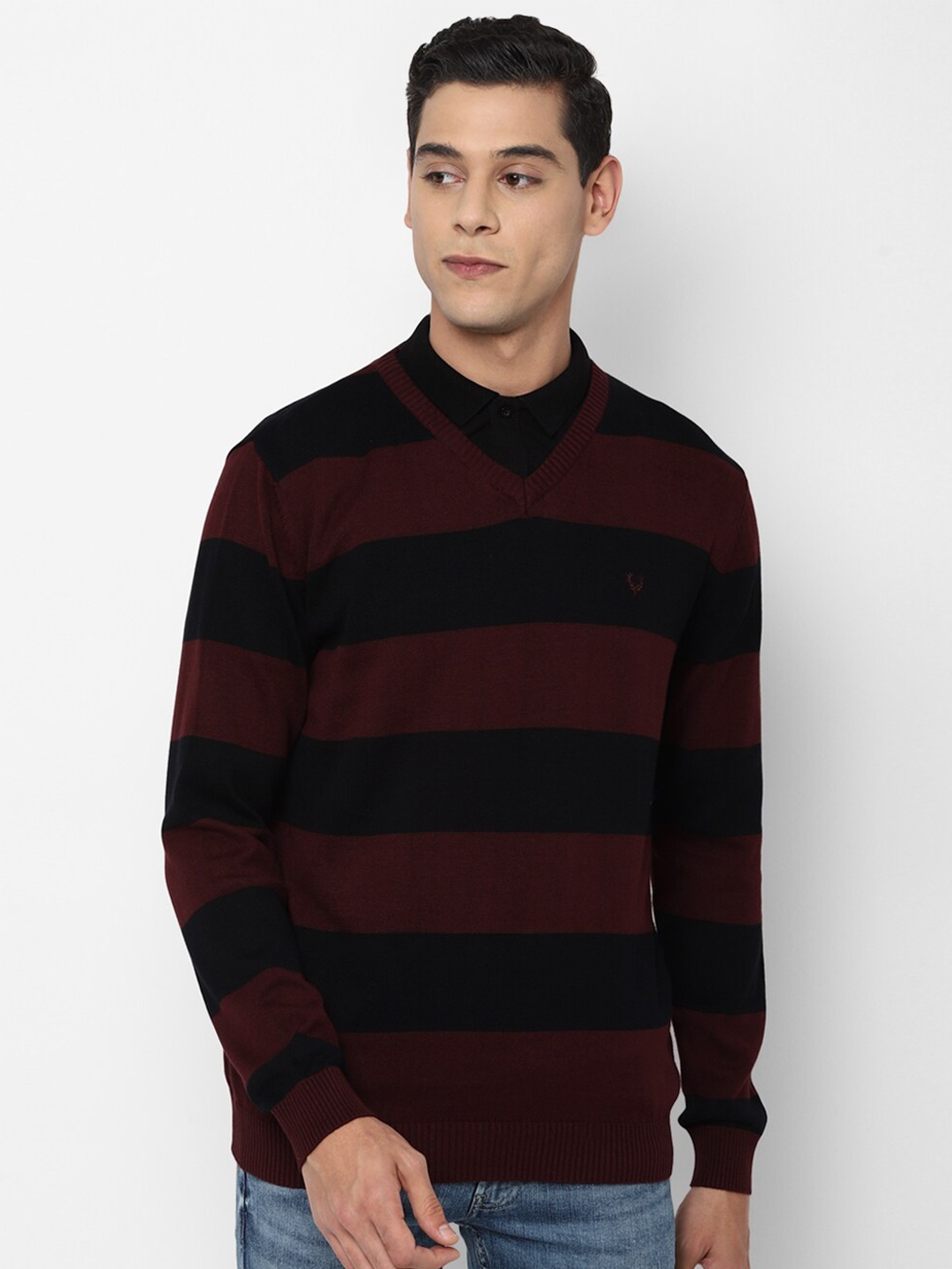 

Allen Solly Men Maroon & Black Pure Cotton Striped Pullover