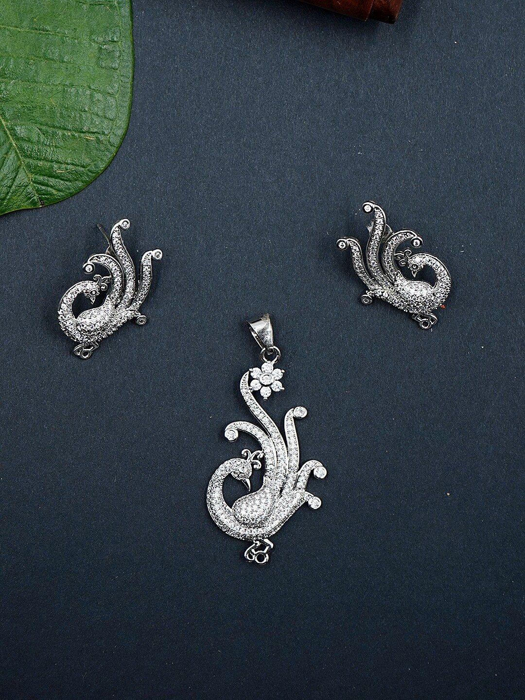 

Voylla Silver-Plated Peacock CZ Stone Studded Jewellery Set