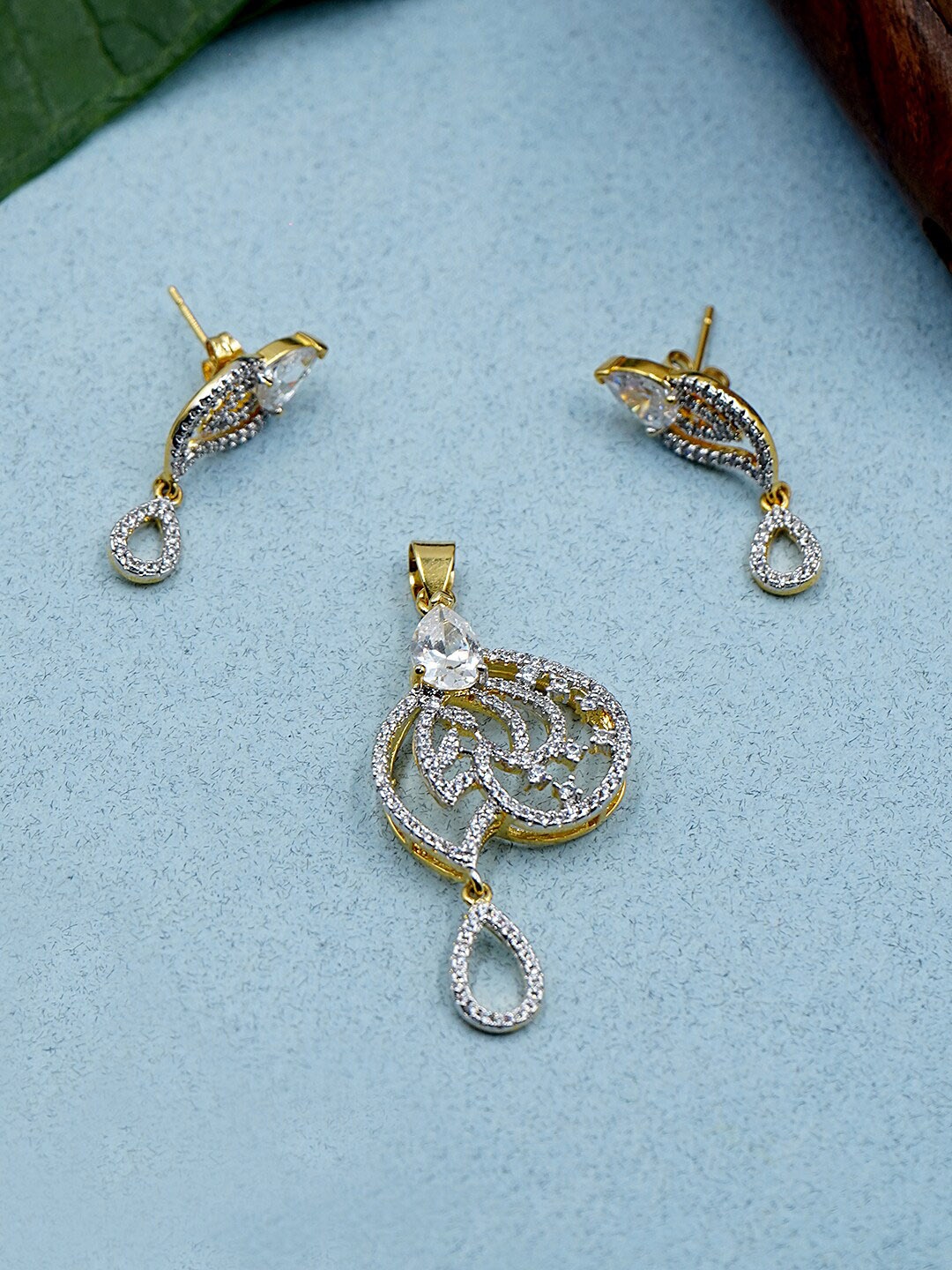 

Voylla White & Gold Toned Sparkling Delicate CZ Pendant Set