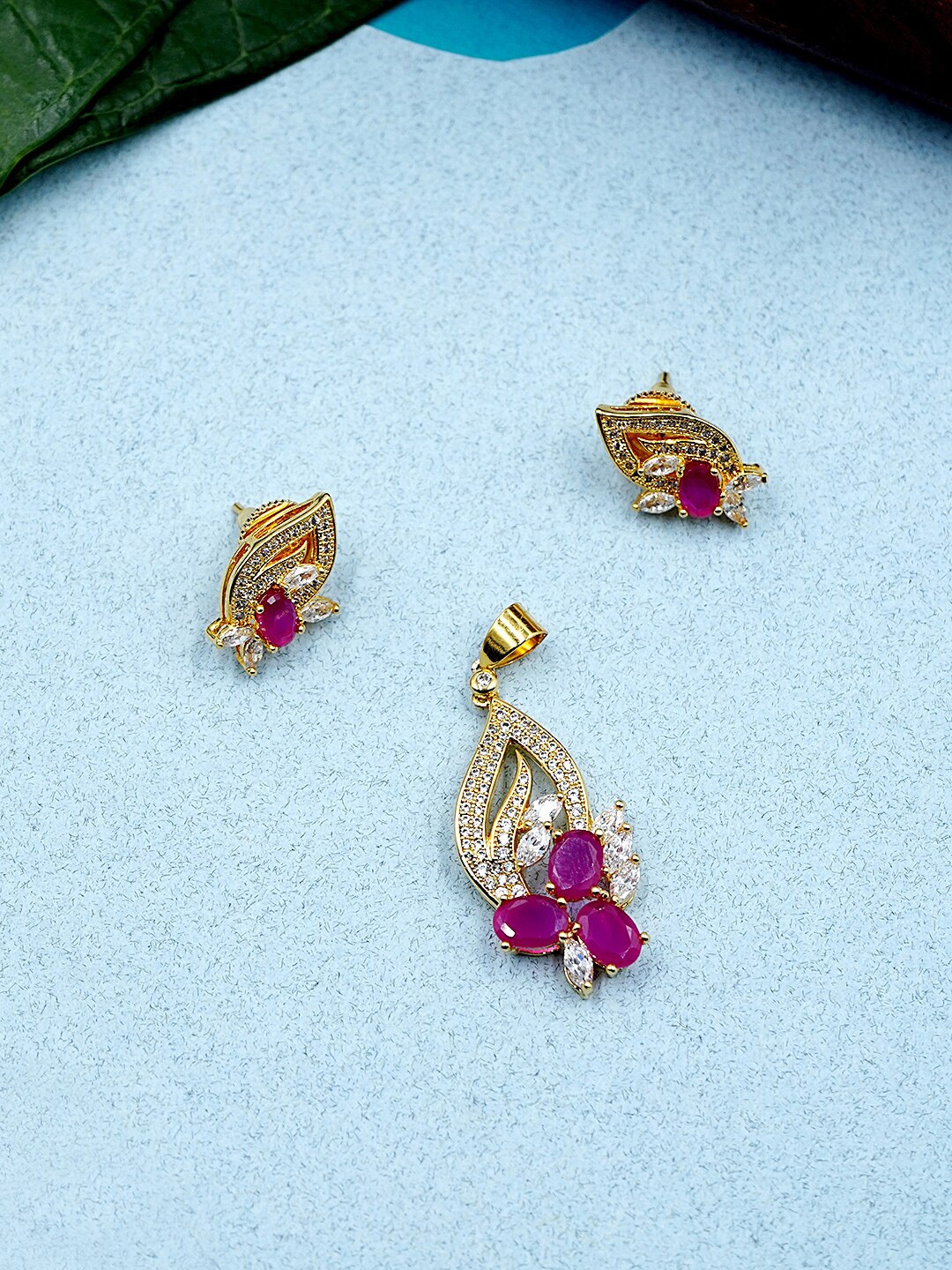 

Voylla Pink & Gold-Toned & Plated CZ Enamelled Pendant With Earrings
