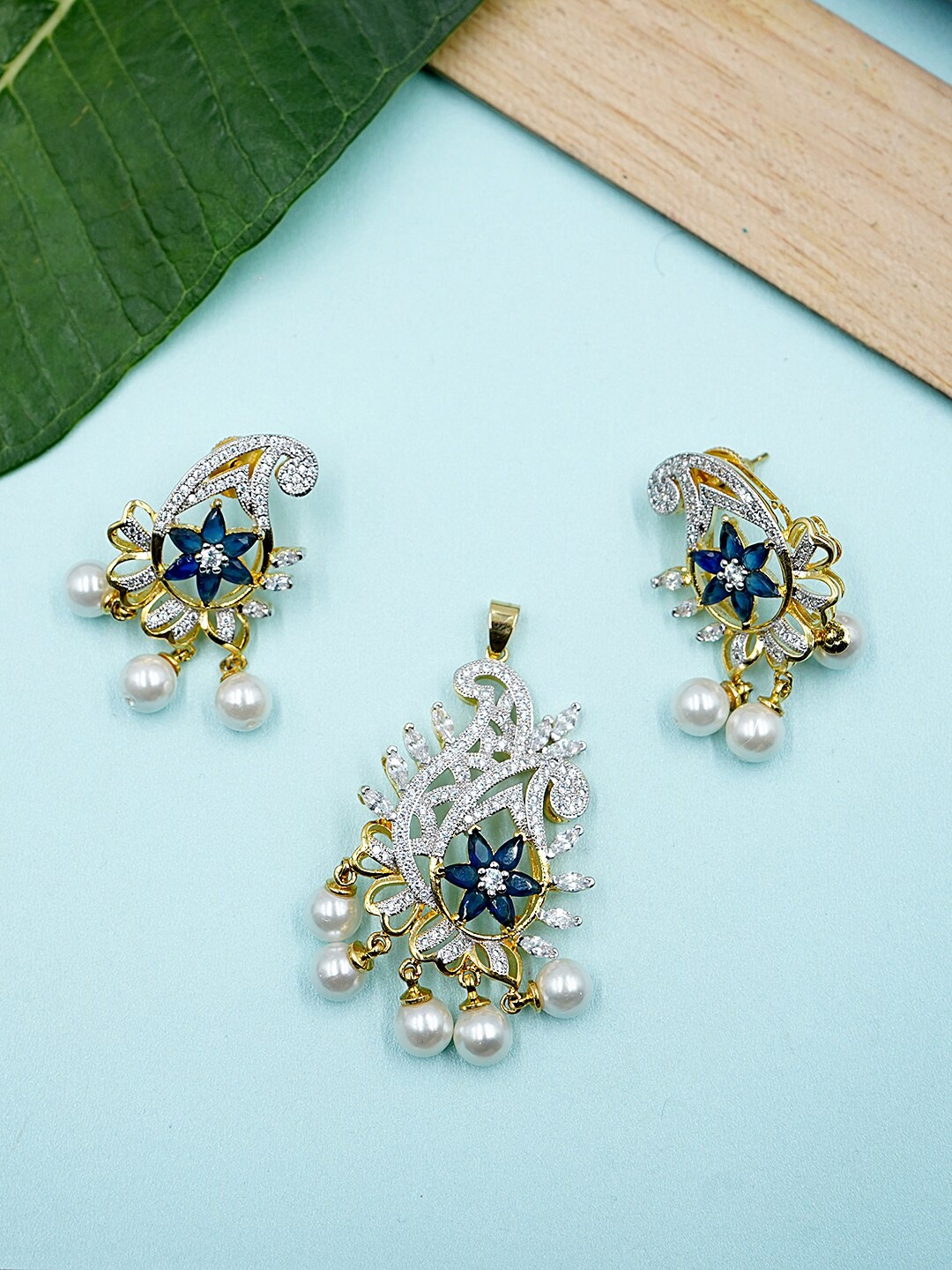

Voylla Gold-Plated & Blue CZ Stone Studded Pendant Set