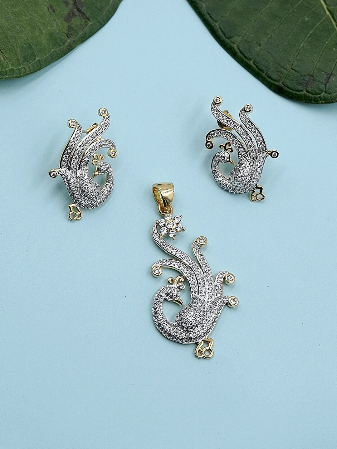 

Voylla White & Gold-Toned Peacock Design Cubic Zirconia Studded Pendant Set