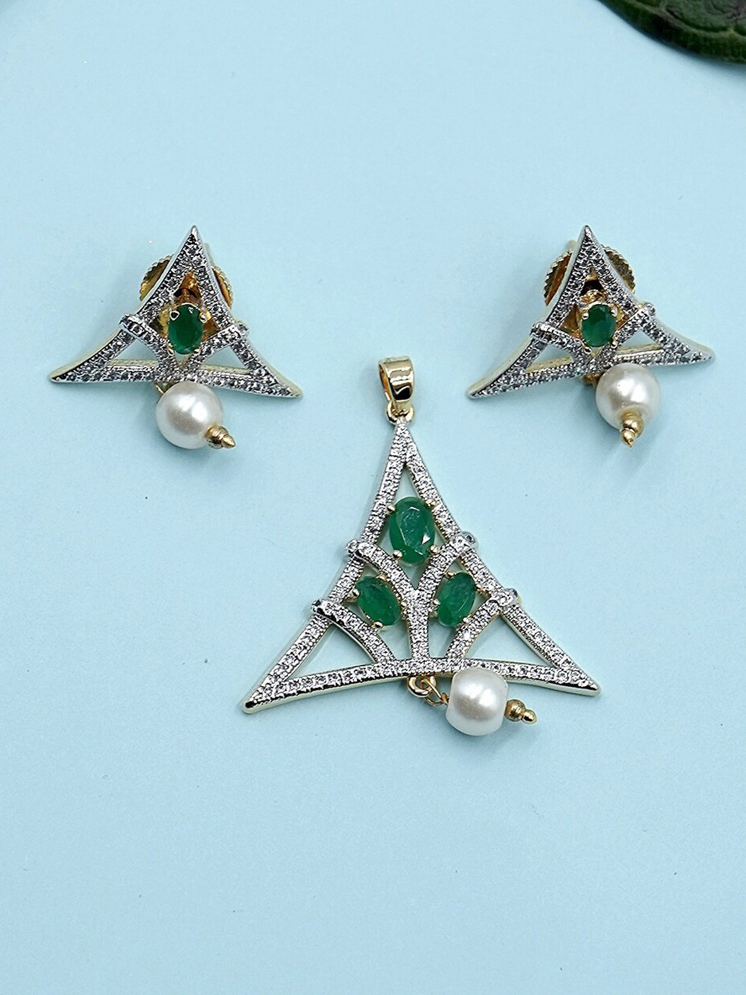

Voylla Gold-Plated & Green Geometric CZ Stone Studded Pendant Set