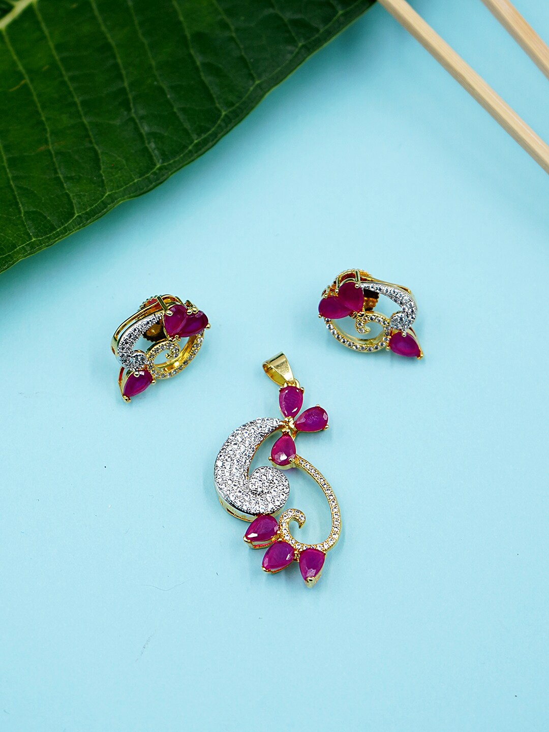 

Voylla Magenta Gold Plated CZ Pendant Set