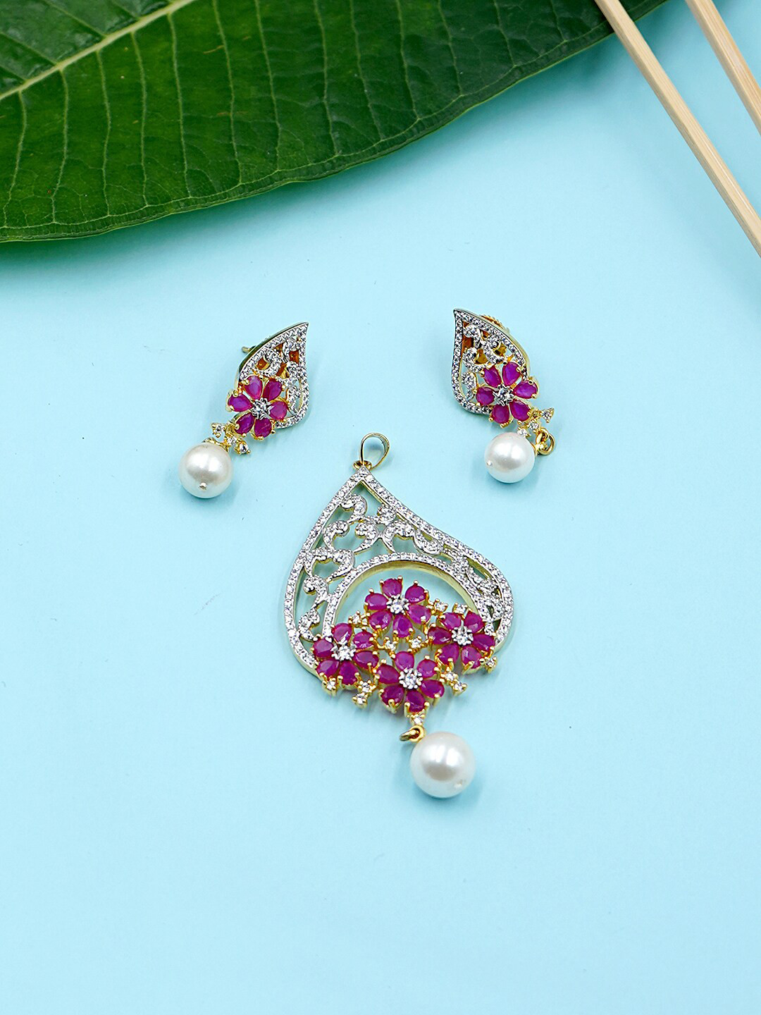 

Voylla Gold-Plated & Red CZ Stone Studded Pendant Set