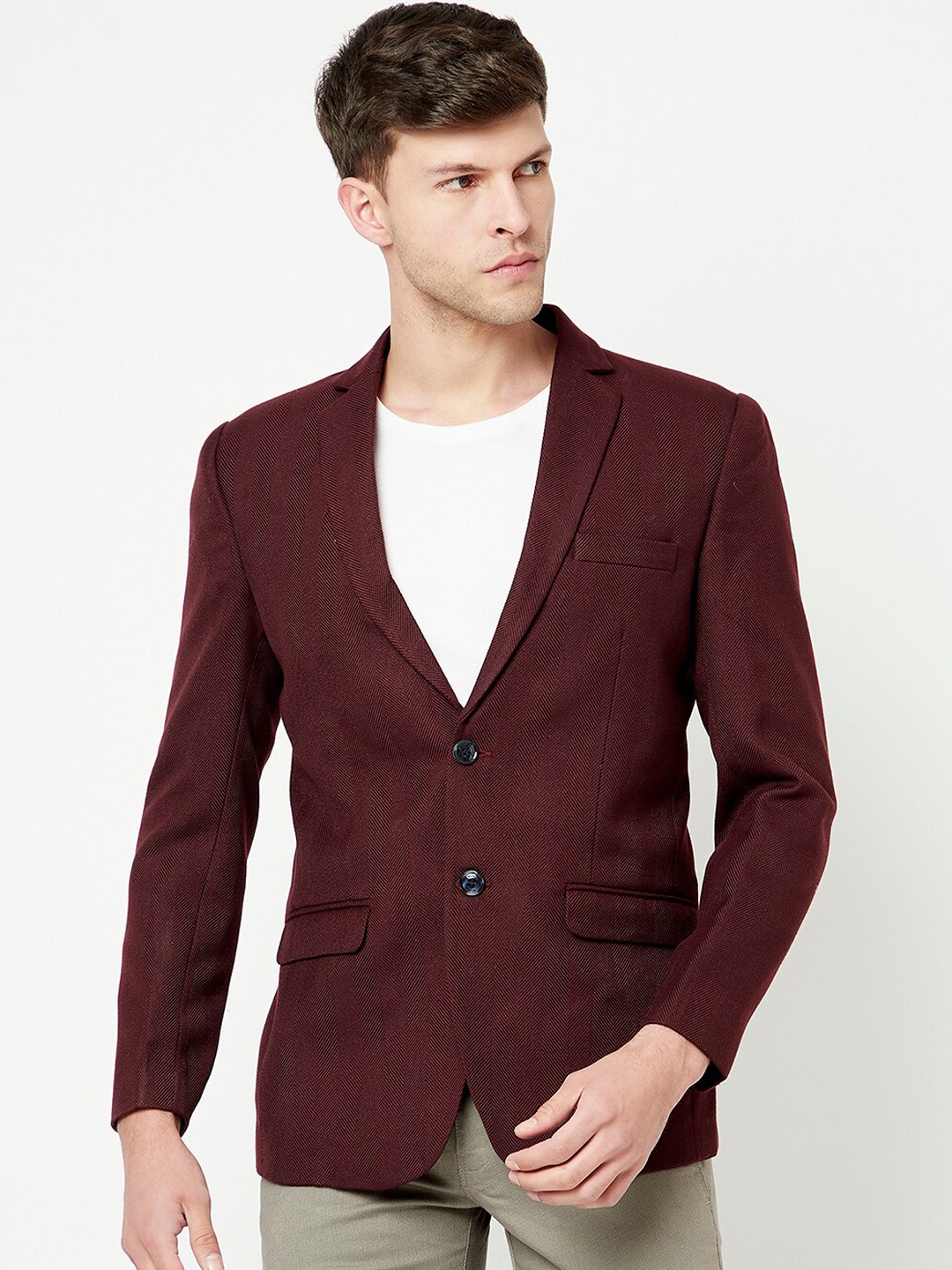 

METTLE Men Maroon Self-Design Single-Breasted Blazer