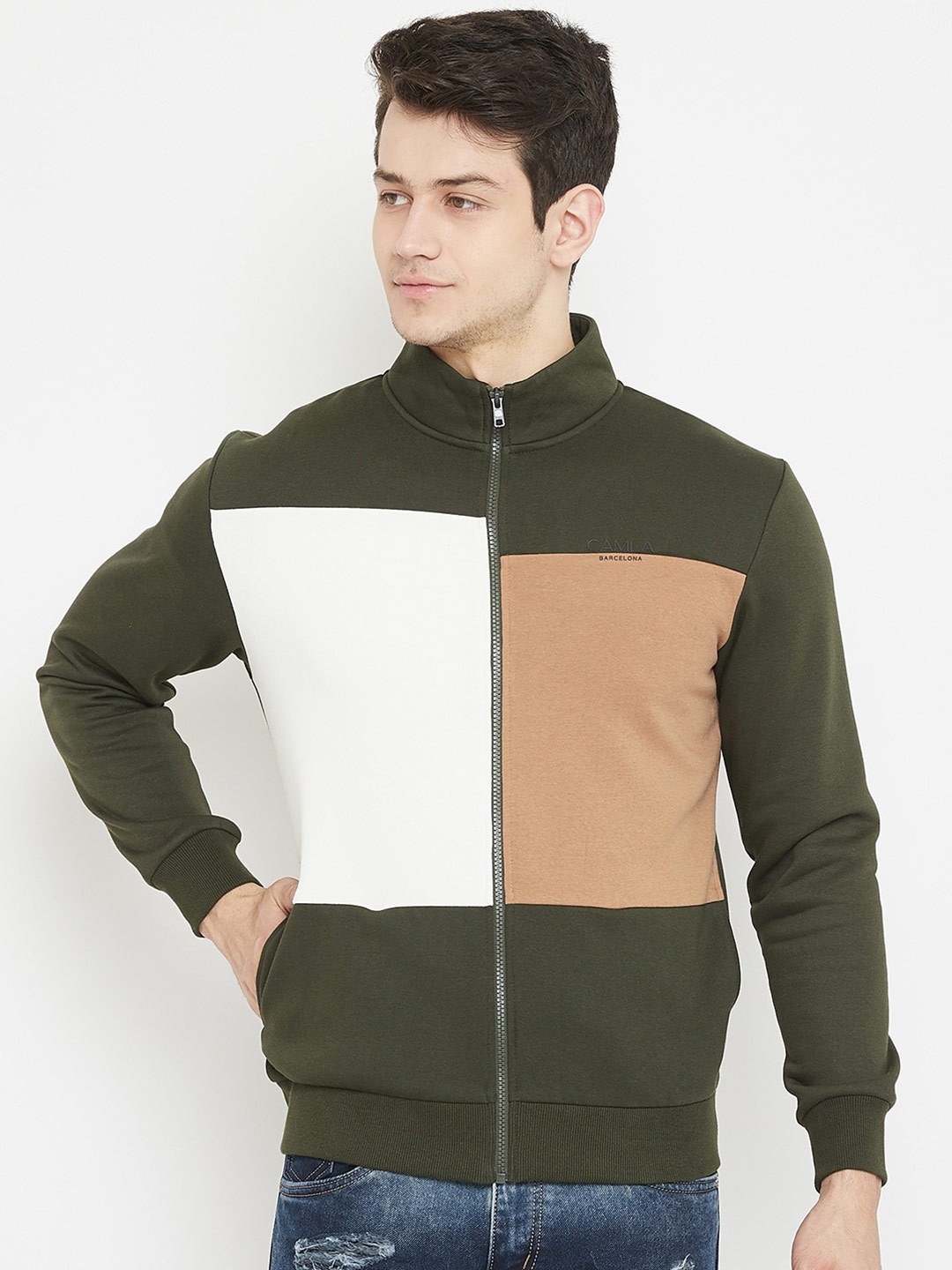 

CAMLA Men Olive Green Colourblocked Mock Collar Knitted Sweatshirt