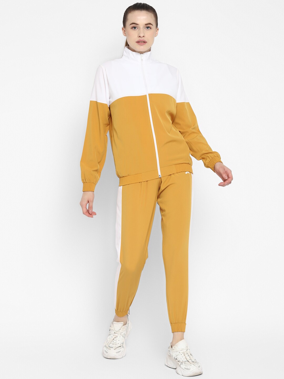 

OFF LIMITS Women Mustard Yellow & White Colourblocked Fly dry Tracksuit