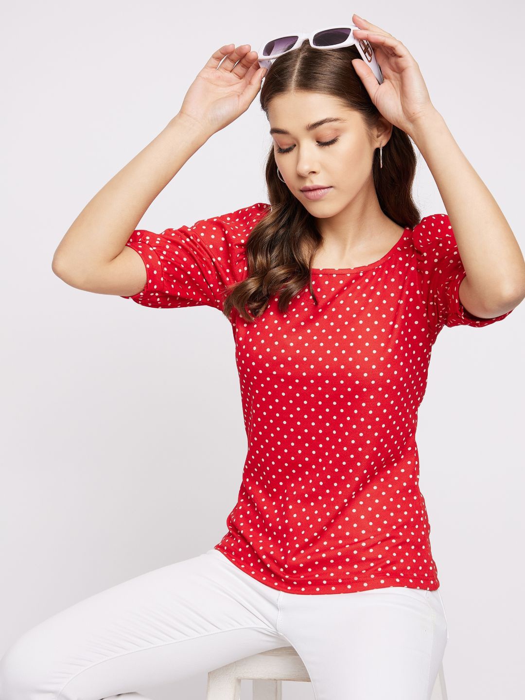 

Uptownie Lite Women Stretchable Polka Dots Printed Round Neck Top, Red